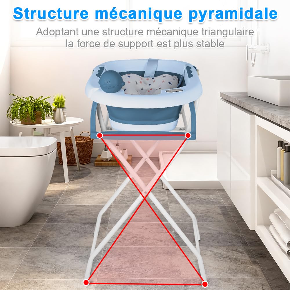 MUL-BOUTIQU Baignoire Bébé Pliable XXL avec Support, Thermomètre et Coussin - Baignoire Bebe Sur Pied - Idéal Pour Cadeau De Naissance Fille Ou Garçon (bleu)