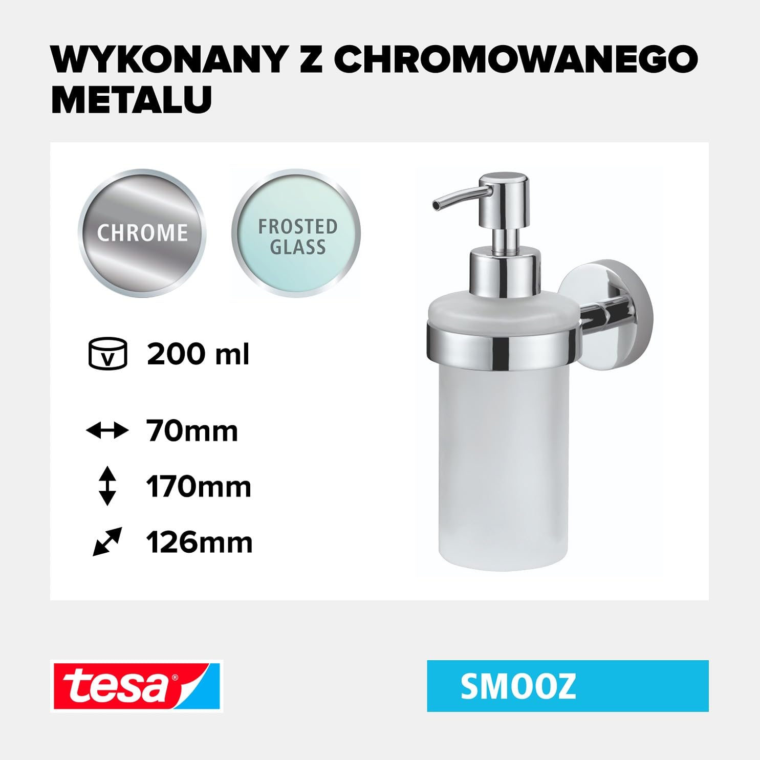 Samoprzylepny dozownik mydła tesa Smooz wykonany z chromowanego na wysoki połysk metalu, o wymiarach 170 mm x 70 mm x 126 mm
