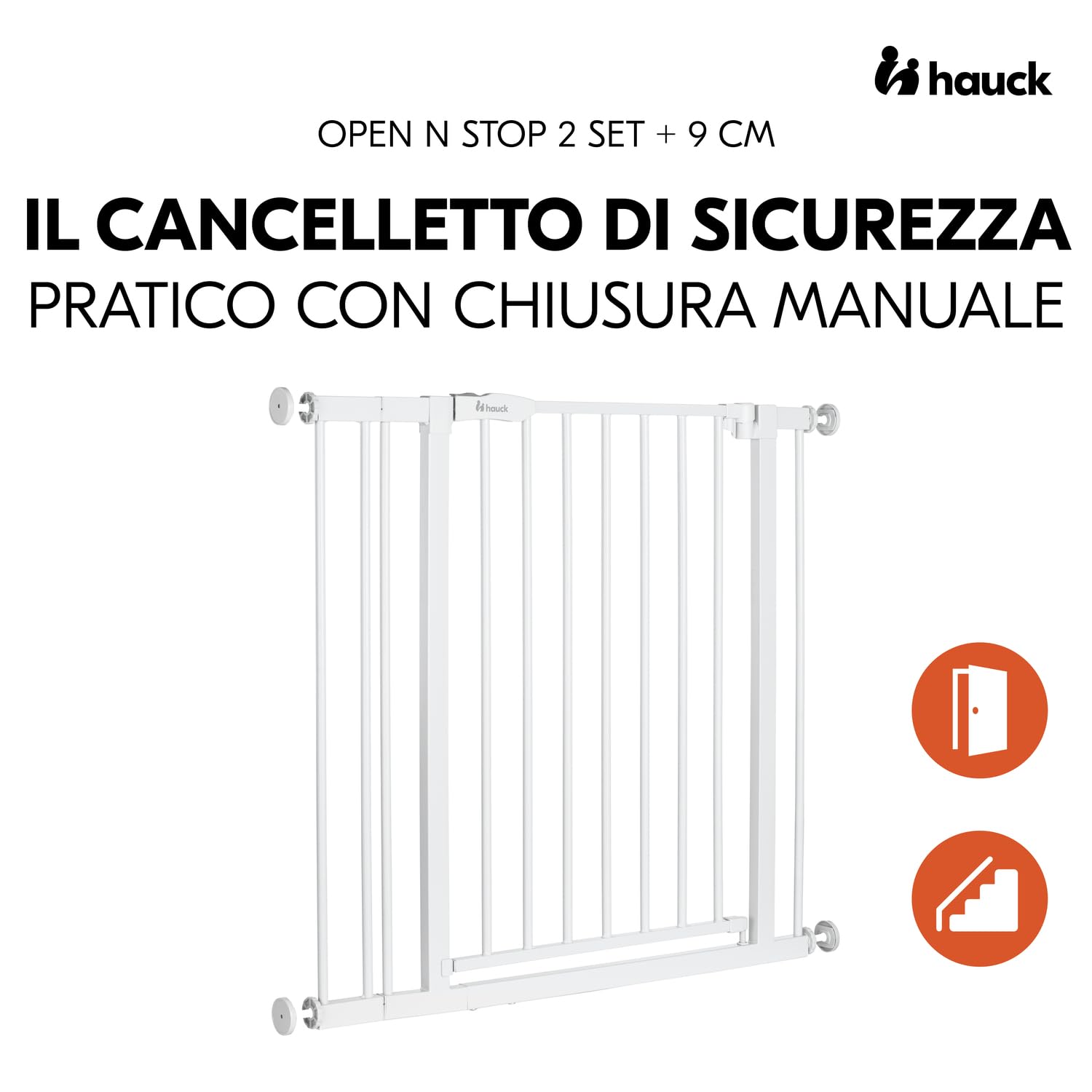 hauck Cancelletto di Sicurezza per Bambini Open N Stop 2, Incl. Estensione 9cm - Cancelletto per Bambini per Aperture da 84-89cm, Apertura Una Mano, Chiusura Manuale, Senza Forare - Metallo, Bianco