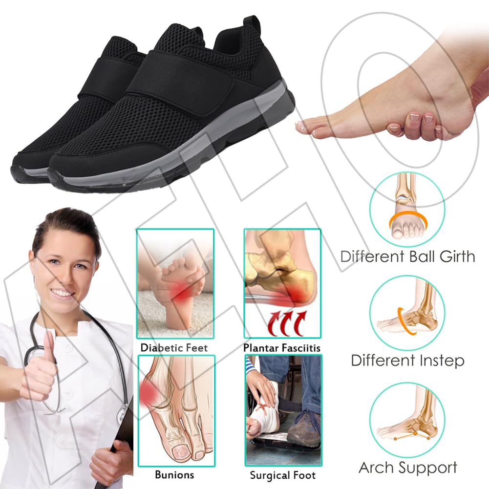 AEHO Scarpe Slip-on Fashion per Diabetici a vestibilità Ampia Scarpe Pianta Larga per Artrite Edema Piedi Gonfi Scarpe da Uomo in Pelle Chiusura Regolabile Scarpa Ortopedica,Nero,43/265mm