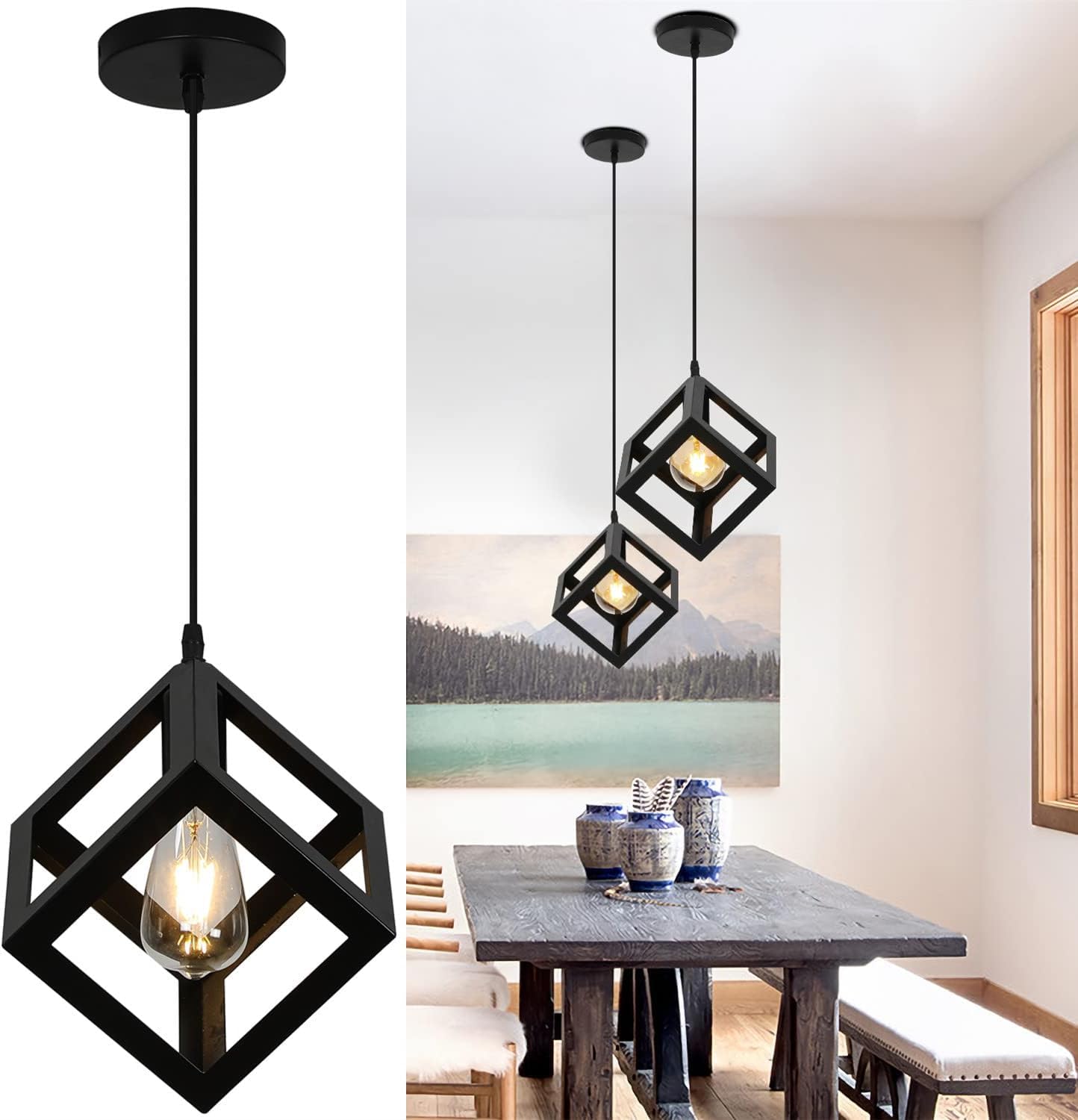HUA QIANG WANG Industrial Pendant Light Black Square Geometric Cage Adjustable Height Metal Hanging Lamp Vintage Farmhouse Ceiling Light Fixtures for Kitchen Island Dining Room Entryway Bedroom