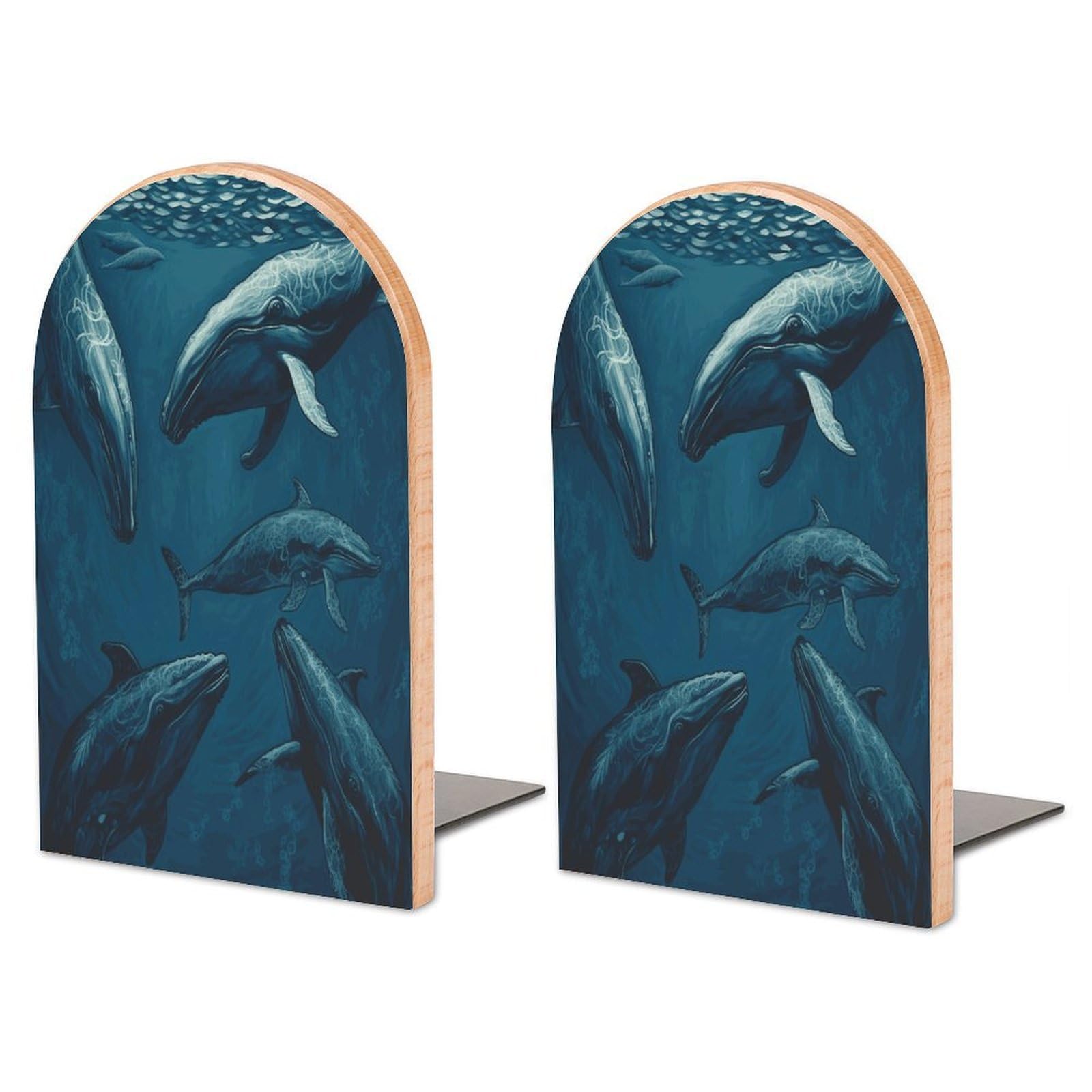 Ocean Whale Bookend for Shelves Non-Skid Book Holder Modern Heavy Duty Bookend Stopper Metal Base Wood Book End Books Shelf Holder Home Decorative 1pair 6.7x3.9x4.7