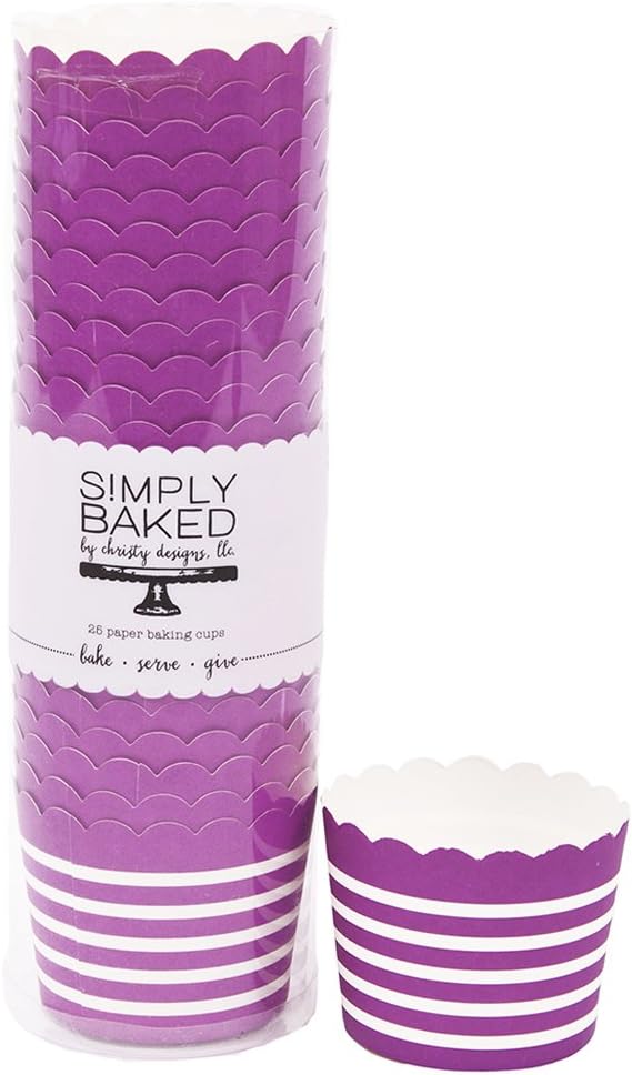 Simply Baked Small Paper Baking Cup, Orchid with White Stripe, 25Pack, Disposable