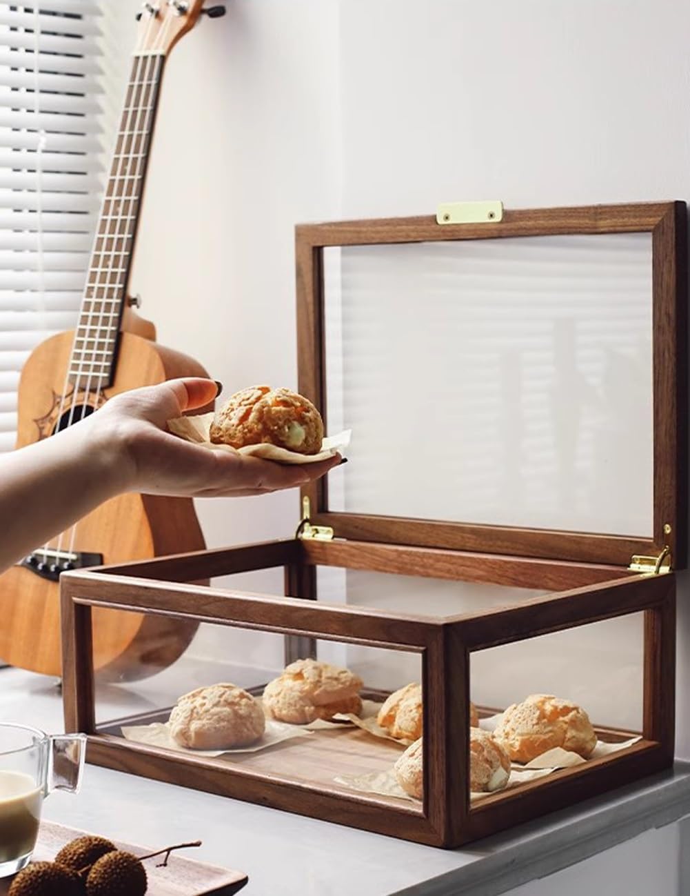 Vitrina de Madera Vintage para Pasteles y Galletas, Ideal para la encimera de la Cocina. Caja de Cristal Transparente para Guardar Galletas, Cupcakes, Magdalenas y Bagels caseros (marrón).