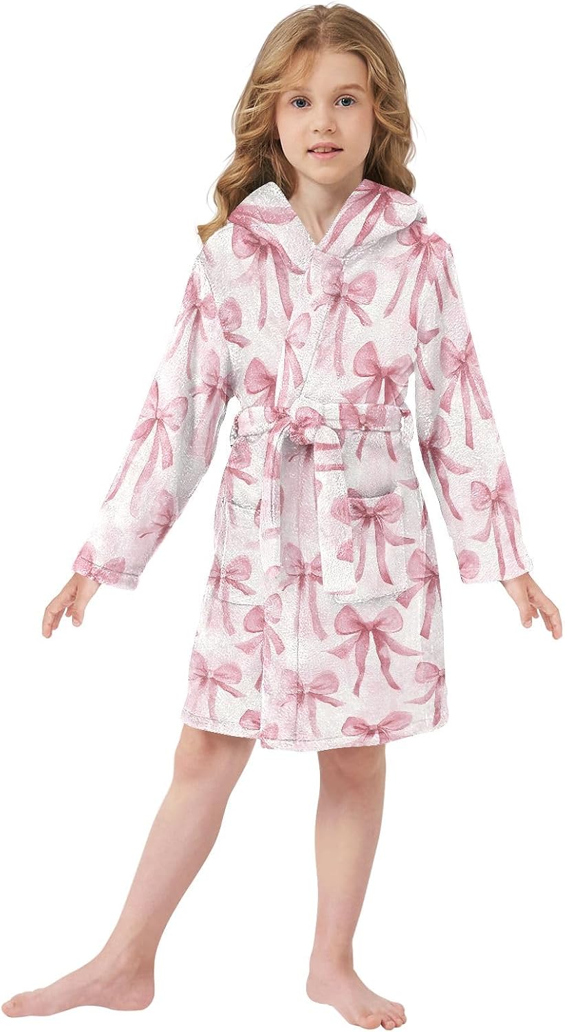 Watercolor Pink Cute Bow Pattern Toddler Hooded Bathrobe for Boys Girls Soft Plush Bath Towel Robe 2-12 Years