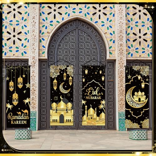 Image of Panelee 4 Pcs Ramadan Mubarak Porch Sign Banners Black Gold Eid Mubarak Decorations Muslim Ramadan Kareem Door Banner Backdrop for Home Doorway Indoor Outdoor Wall Hanging Decor