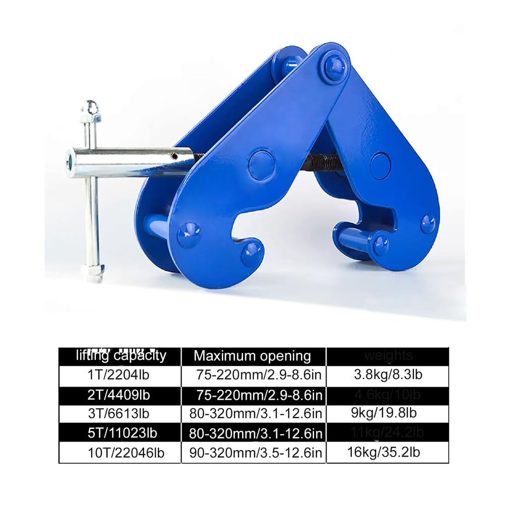 Pionowe zaciski do belek podnoszących, konstrukcja stalowa, regulowany otwór 8,9 cm do 32 cm, odpowiednie do zastosowań fabrycznych, pojemność 2 ton