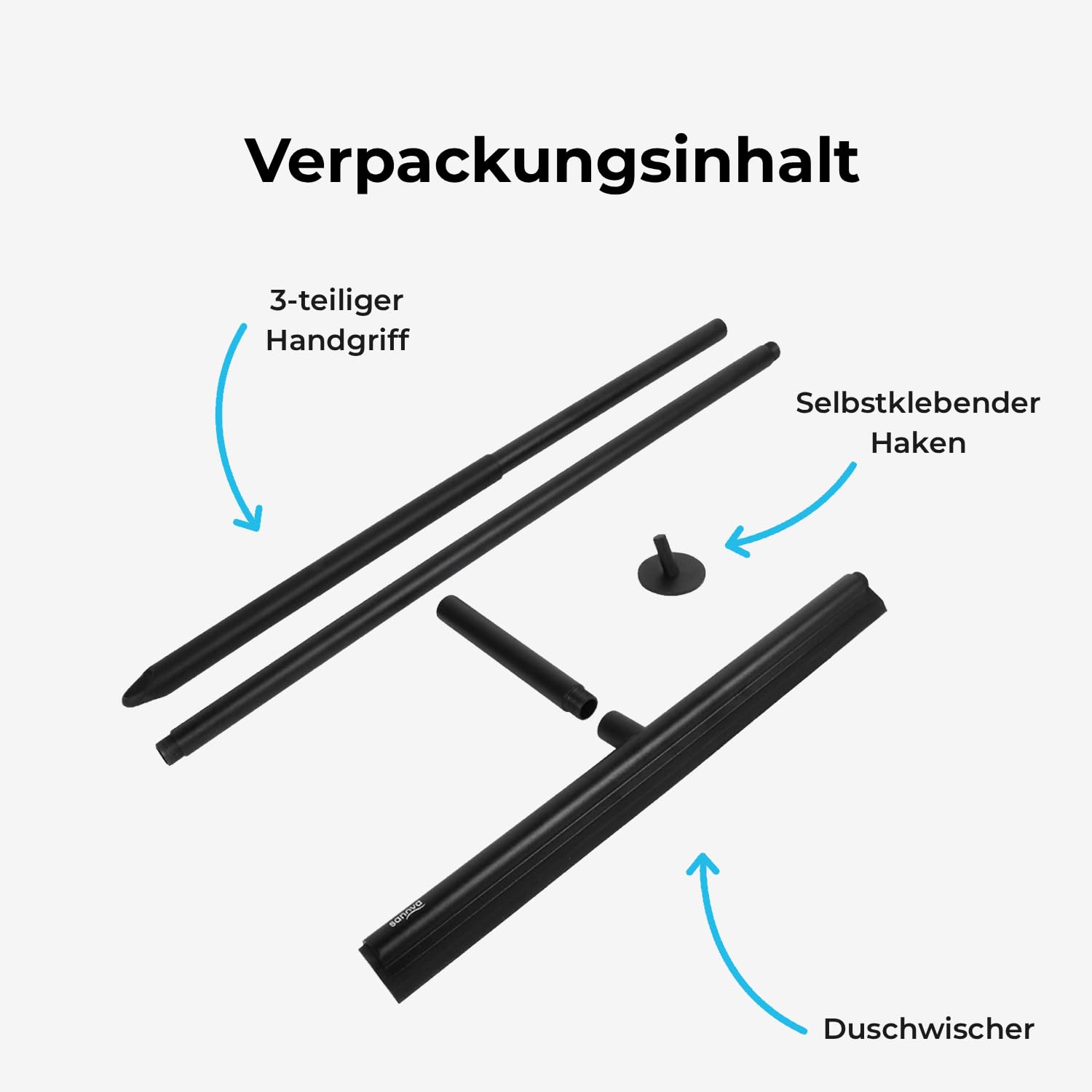 Sanova Bodenabzieher mit Stiel 136 cm – Wasserschieber Boden Schwarz – Duschabzieher Langer Stiel aus Edelstahl Aluminium & Silikon – Mit Wandhalter