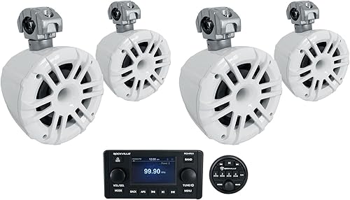 MEMPHIS AUDIO 4 MXA62TW 6.5" Marine Wakeboard Tower AltavocesLED+Paquete giratorio blanco con Rockville RGHR51 5 Zona Single DIN Marine Receiver (5