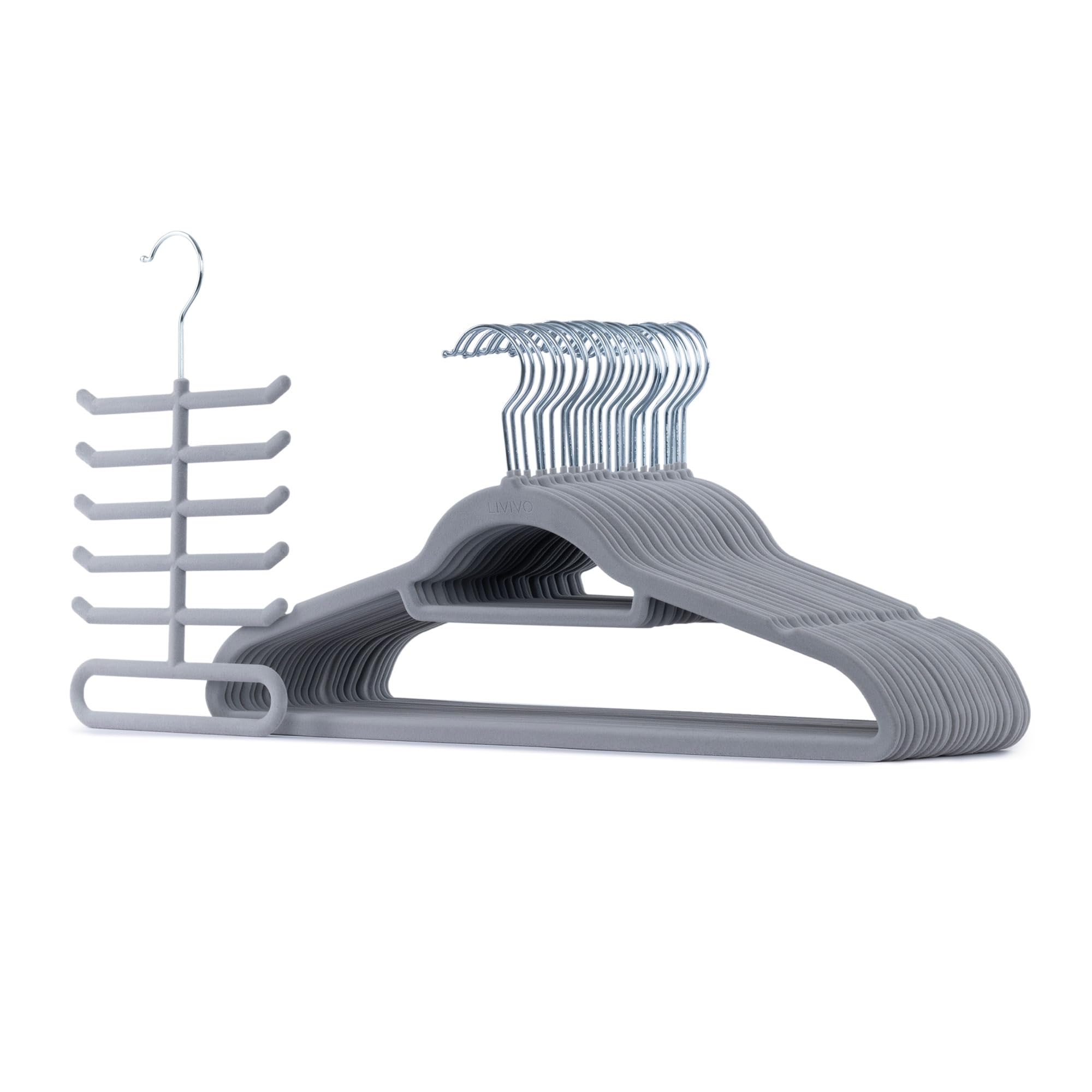 Livivo Grey/Chrome 50Pc Velvet Hangers Premium Quality Non Slip 360° Swivel Hooks Heavy Duty Coat Suit Garment Hanger With Trouser Bar 45Cm Long