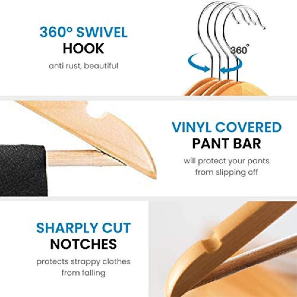 High-End Multi-Functional Durable Wooden Suit Hanger with Non-Slip Pants Smooth Surface Solid Wood Hanger, 360° Swivel Hook and Precision Cut 20 Pack ()