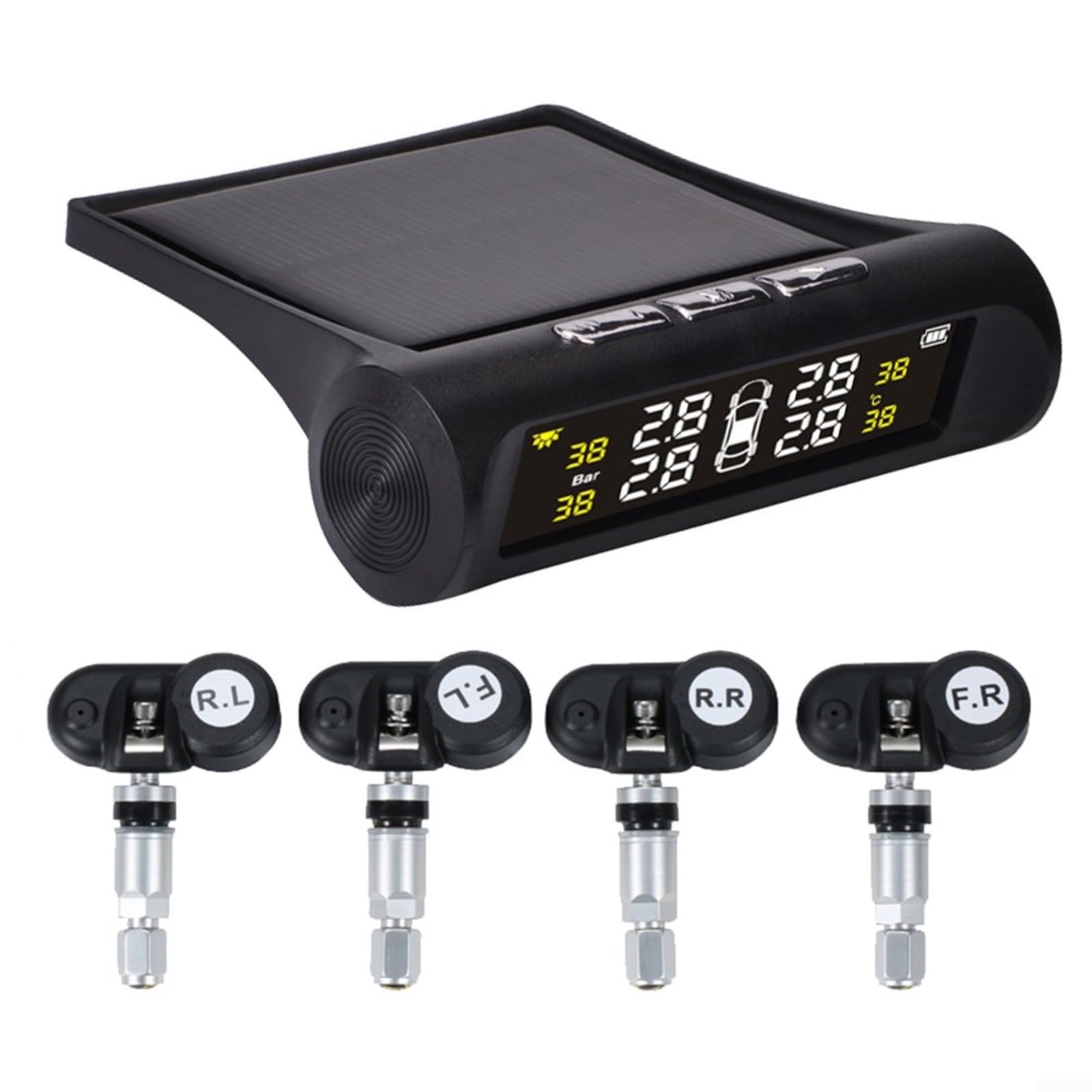 RichVibe Solar TPMS mit 4 eingebauten Sensoren, kabelloser Reifendruck-Monitor, Digitalanzeige, Hochtemperatur-Alarm für Auto, SUV, LKW, Van