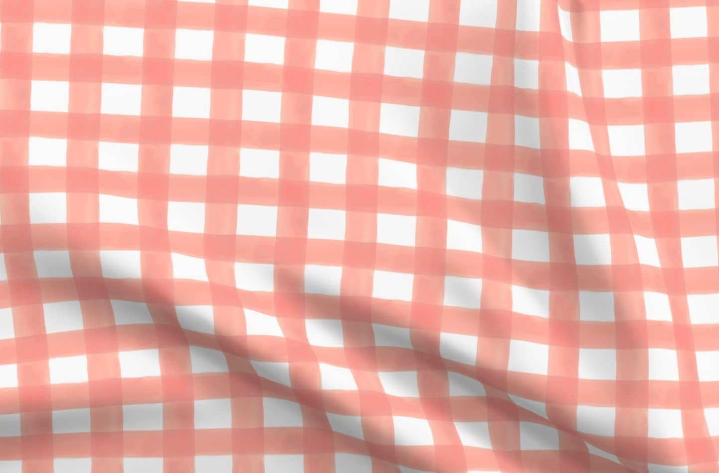 Spoonflower Fabric - Watercolor Gingham Peach Checks Camp Pink Check Rustic Plaid Shabby Printed on Organic Cotton Sateen Fabric by The Yard - Sewing Quilting Apparel Home Decor