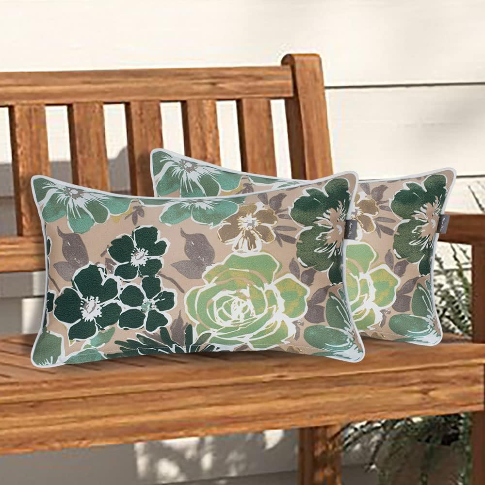 Magpie Fabrics Set of 2 Lumbar Throw Pillow with Insert 12x20 Inch, Outdoor Rectangular Waterproof Home Decorative Toss Cushion for Patio Garden Car Office - Green Floral