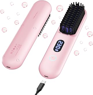 - Cordless Hair Straightener Brush-Portable Straightening Comb, 9600mAh Batt, Plasma Tech, 9 Temp-Settings & LED Display, for Travel & Home, Pink