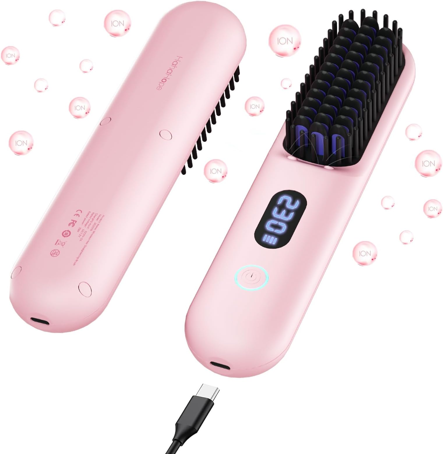 Cordless Hair Straightener Brush-Portable Straightening Comb, 9600mAh Batt, Plasma Tech, 9 Temp-Settings & LED Display, for Travel & Home, Pink