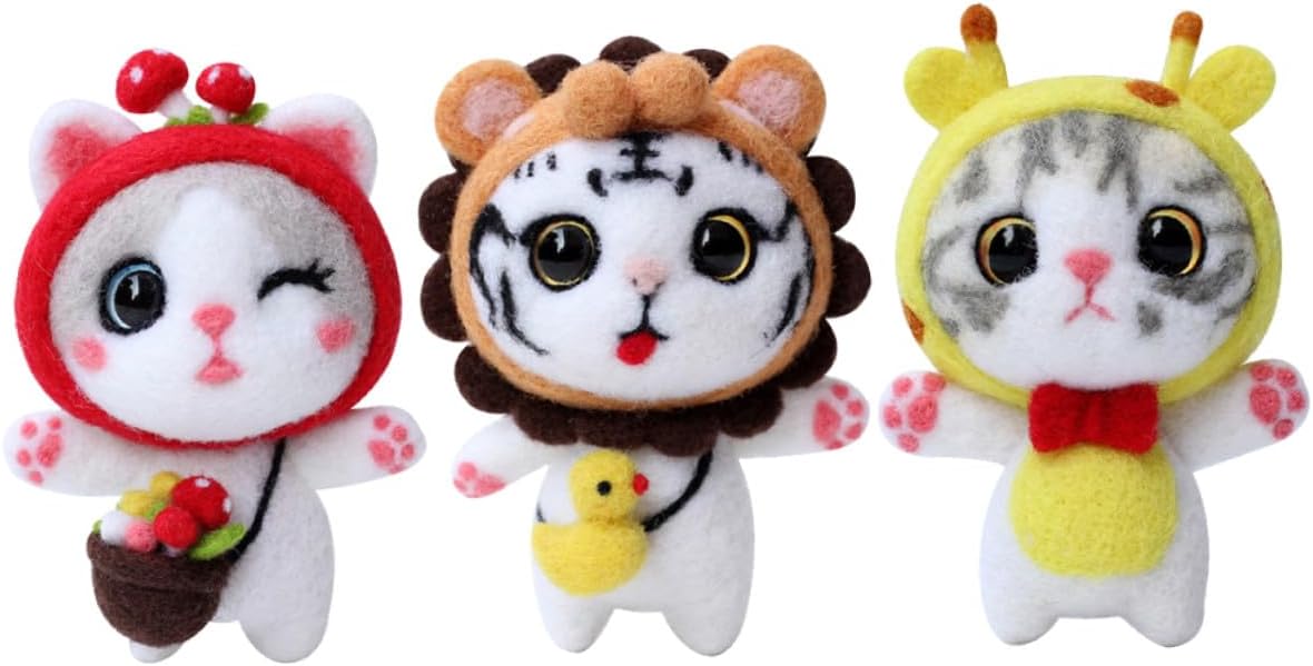 KONTONTY 3 Sets Needle Felting Kit for Beginners DIY Wool Doll Making Supplies with Cartoon Animal Doll Materials and Punch Embroidery Tools for Creative Home Decoration Craft Projects