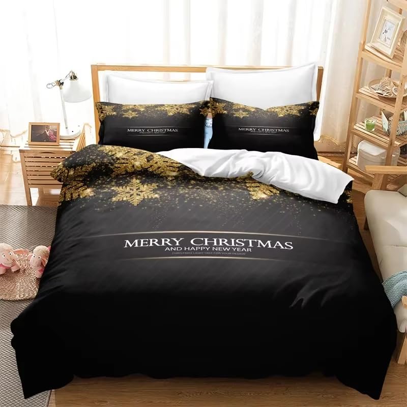 Parure de lit 260x240 Noël noire et dorée avec housse de couette et taies flocons