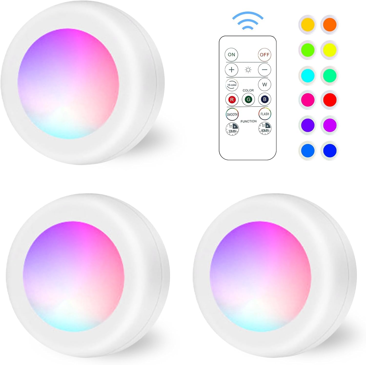 LED Puck Lights with Remote Control, 16 Color Changeable Under Cabinet Lights with Control & Timing, Battery Operated Wireless Closet Lights for Closet, Bedroom,Kitchen,3 Pack - White
