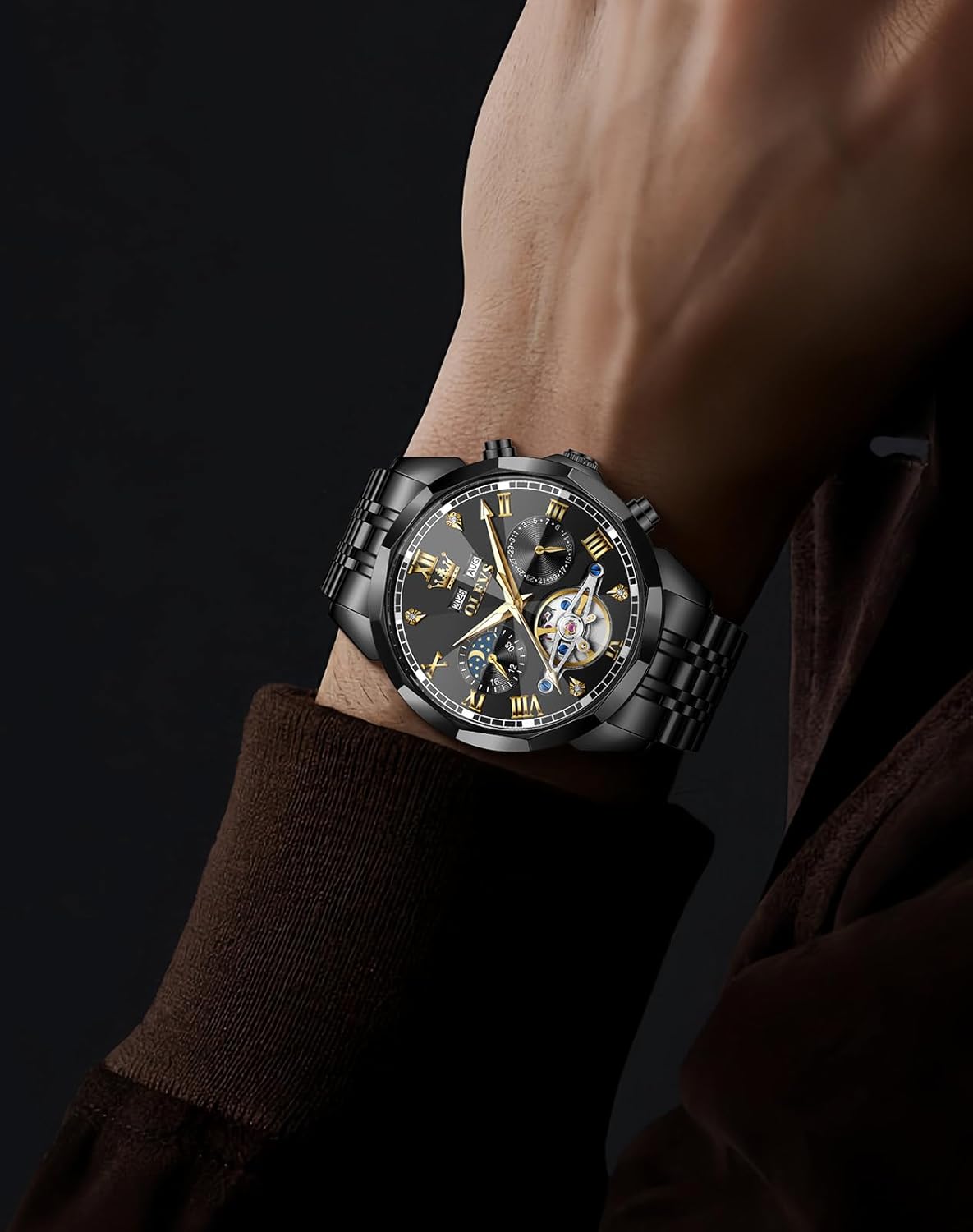 OLEVS Men Automatic Watch Diamond Skeleton Mechanical Luxury Self Winding Moon Phase Calendar Waterproof Wrist Watch for Men - Image 4