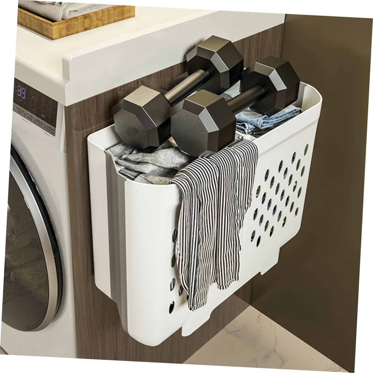 IMIKEYA Wall Mounted Laundry Basket Large Foldable Storage Container with Dual Compartments PP Tpe Material Heavy Duty Bedroom Organizer for Dirty Clothes and Blankets