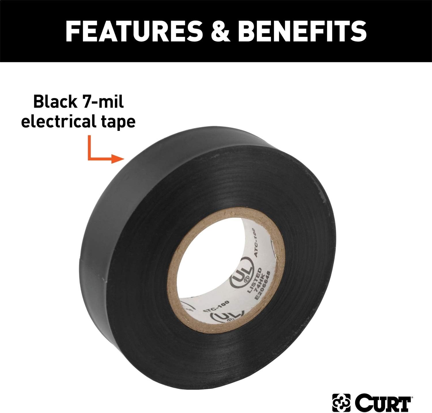 CURT 59740 Black Electrical Tape, 7 Mil, 3/4-Inch x 60-Foot Rolls, Small, Black, 10-Pack