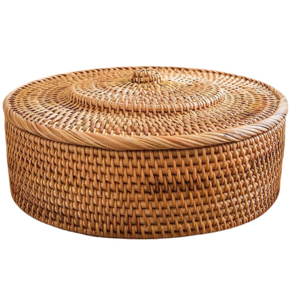 PAGJHRFJG Rattan Basket with Lid, Hand-Woven Storage Basket, Lidded Wicker Basket for Organizing, Rattan Box, Rattan Storage Bin
