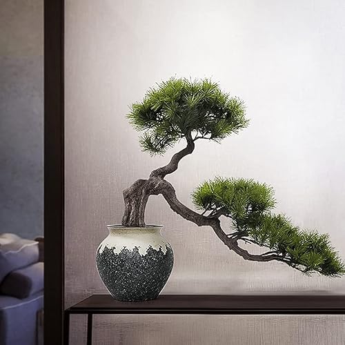 Miniatura 6 de UNNS Bonsái pequeño árbol artificial bonsái simulado maceta de pino de bienvenida, florero chino de silicona simulada, plantas verdes de piedras