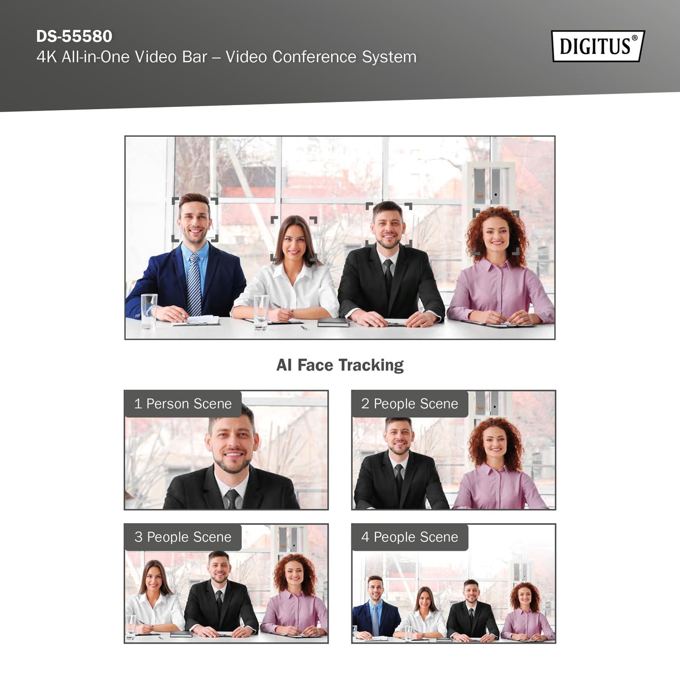 DIGITUS DS-55580 Video Bar Pro, system wideokonferencyjny - kamera internetowa 4K UHD 30 Hz ePTZ - 1 mikrofon biurkowy i 4 mikrofony wewnętrzne - głośniki - automatyczna regulacja ostrości i zoomu
