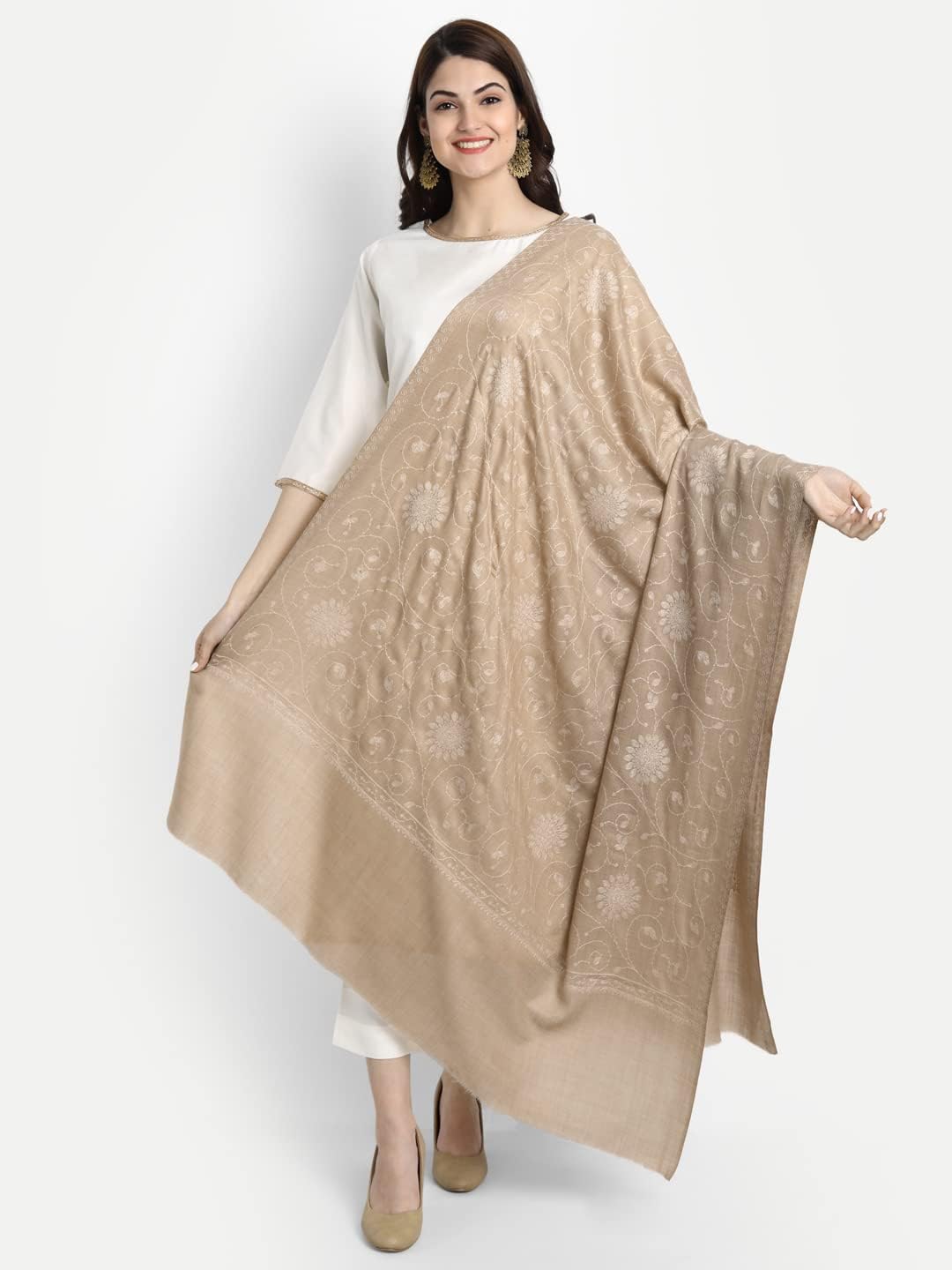 Zamour Kashmiri Indian Sozni Embroidery Paper Mache Pashmina Wool Shawl Scarf for Women