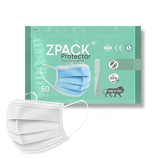Zpack Protector 3 Ply MeltBlown Disposable mask with nose wire, BFE>95%, PFE>95%, SITRA, ISO & CE Certified