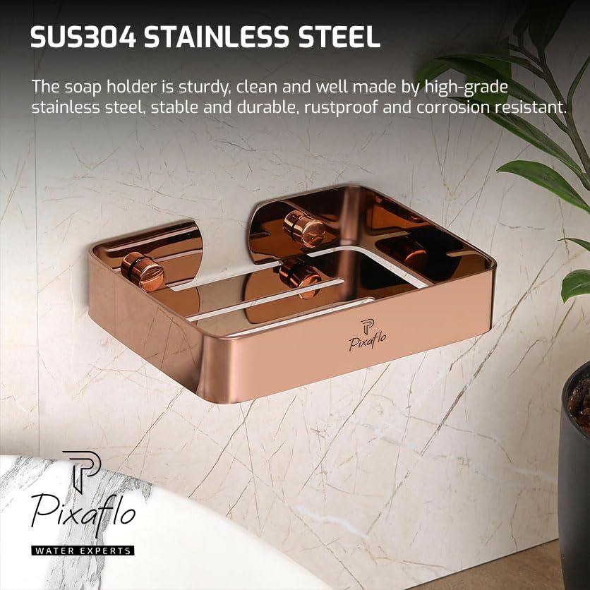 Image of Pixaflo Stainless Steel 304 Grade Bathroom Soap Holder /Soap Stand /Soap Dish | Wall-Mounted | Durable | Anti-Rust | Sleek Black Finish | Bathroom Accessories | Rose Gold