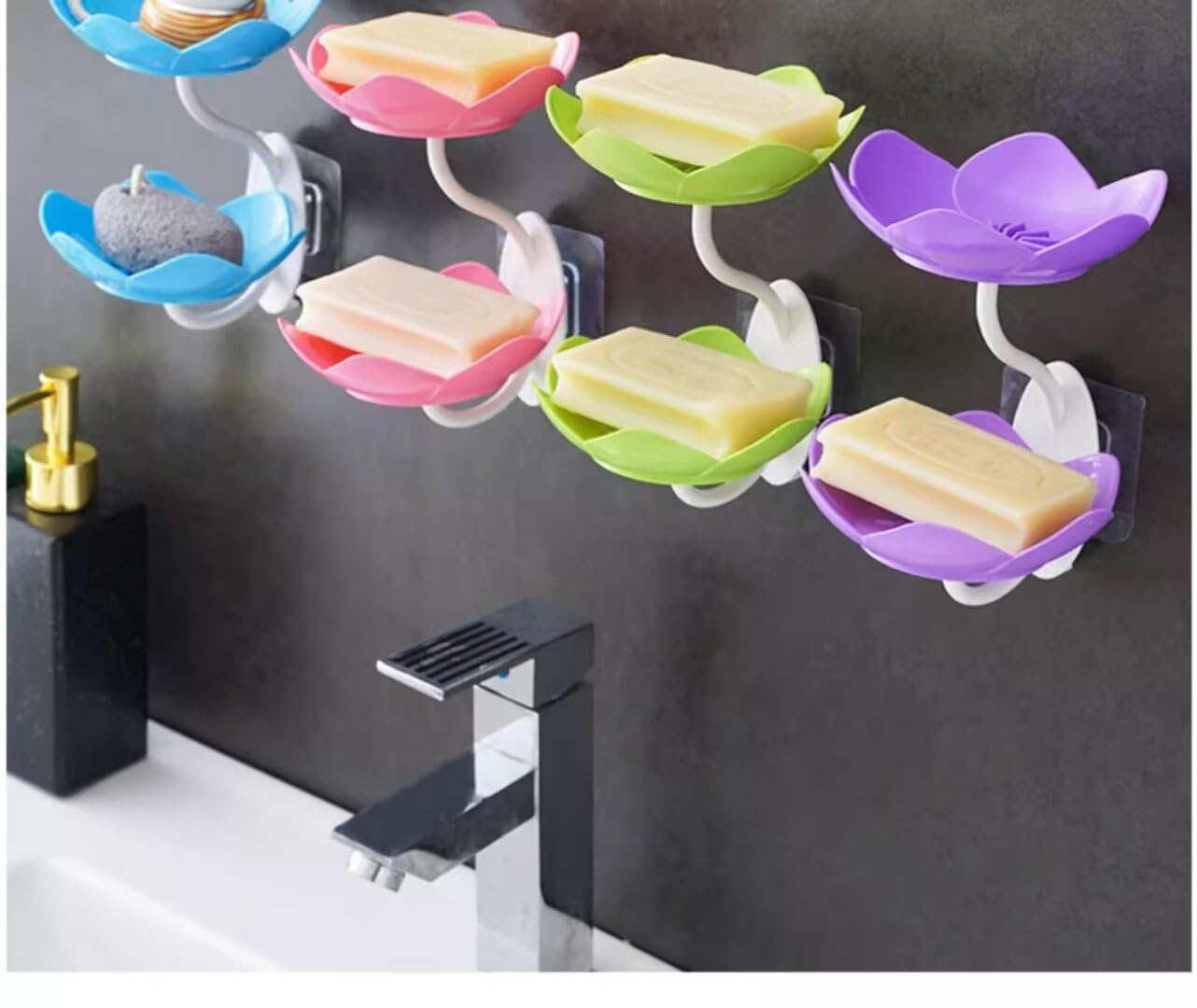 Jabonera de doble capa para ducha, bandeja adhesiva con forma de loto, para montar en la pared, champú, sin perforación, autodrenante, ahorrador de tazas, barra de baño, bañera, cocina, color rosa 6