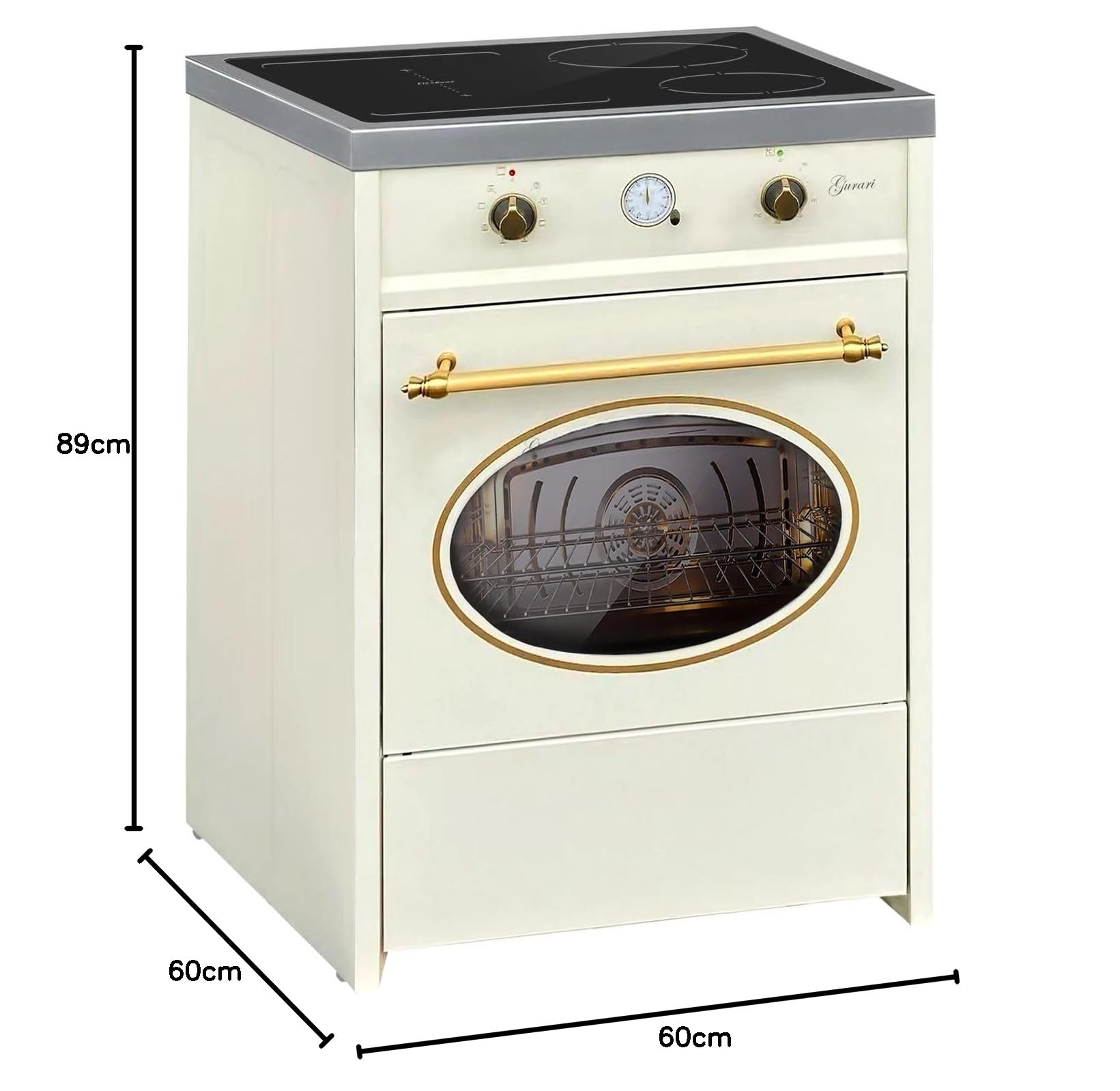 GURARI Kuchenka indukcyjna z piekarnikiem 60 cm GCH E 612 Cr + płyta grillowa z żeliwa | retro Range Coocker kuchenka indukcyjna 4 strefy gotowania | gorące powietrze | grill | kuchenka indukcyjna w