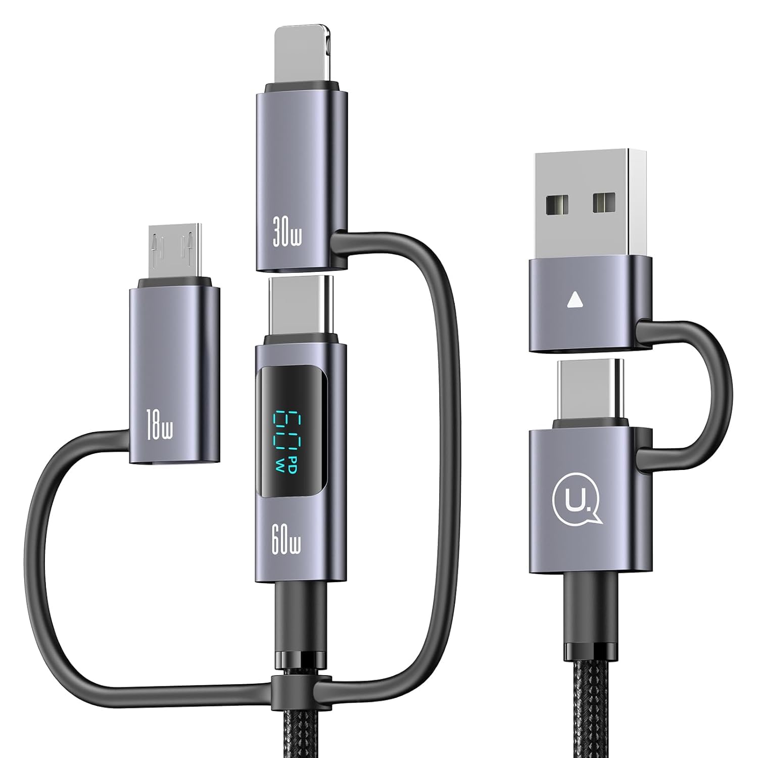 enablink Multi 6 in 1 cavo di ricarica USB C, 60W cavo USB multi ricarica rapida con display LED USB A/C a iP/Micro/Tipo C 1.2M nylon universale cavo di ricarica per Galaxy portatile tablet