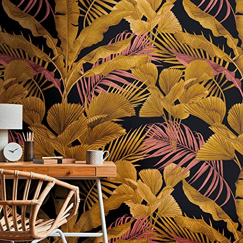 Livingwalls Travel Styles Non-Woven Wallpaper - Wallpaper with Leaf Tendrils in Black and Gold - Tropical Wallpaper for Various Rooms in 1.59 m x 2.80 m