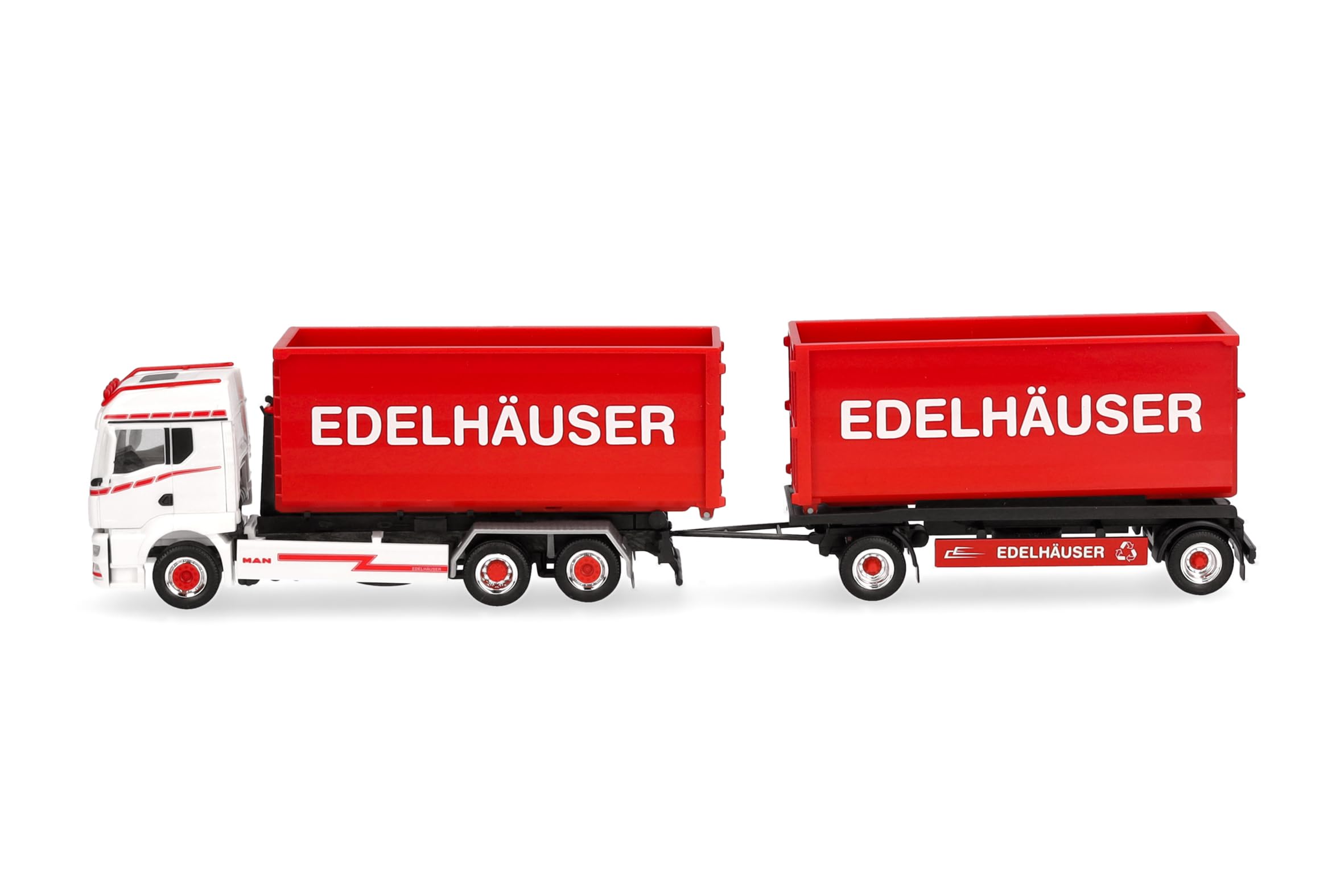 Herpa Modellino camion MAN TGS TM bilico con cassoni scarrabili "Edelhäuser", miniatura in scala 1:87, pezzo da collezione, Made in Germany, plastica