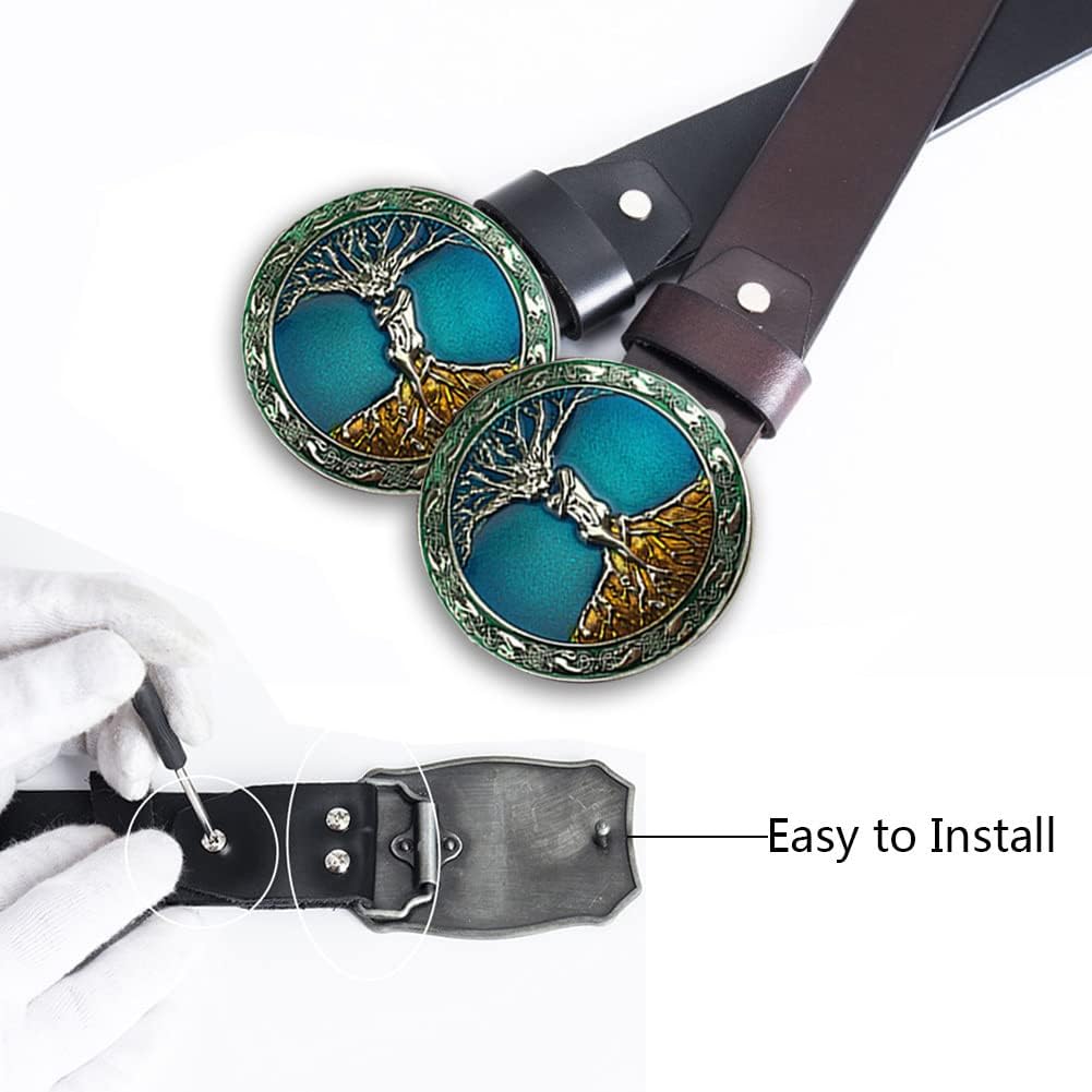 Nordic Vintage Tree of Life Metal Belt Buckle Leather Belt, Plaque Buckle Viking Casual Cowhide Leather Belt Cowboy Punk Strap Wide Belts Leather Waistband,Color+brown,100CM