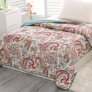Qucover Single Bedspreads Quilted 150x200 cm Lightweight Warm Cotton Gorgeous Paisley Green and Red Pattern Quilted Throws for Bed