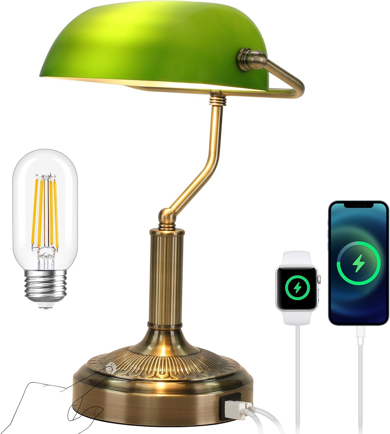 SEEDEDDESIGN Bankers Lamp with USB & Type C Charging Ports, Touch
