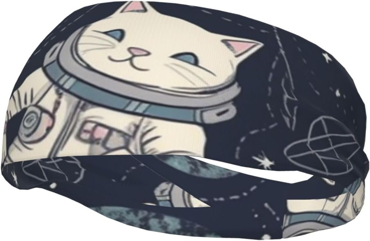 Fun Cat Astronaut Sports Sweatband Head Bands for Women Men, Lightweight Breathable Non Slip Workout Headbands Hairband for Fitness Running Cycling Hiking Yoga