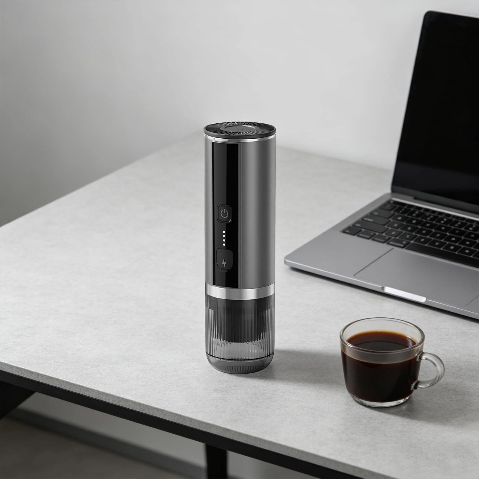 Macchina per espresso portatile, piccola, a batteria, USB-C, macchina per espresso | 20 bar, riscaldamento 4 min, 5 tazze, capsule e polvere, per ufficio, campeggio, grigio