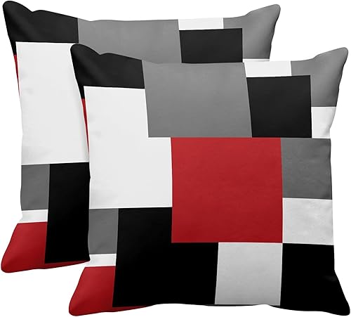 Emvency Juego de 2 fundas de almohada geométricas modernas con pintura abstracta roja, negra y gris, fundas de almohada decorativas para decoración