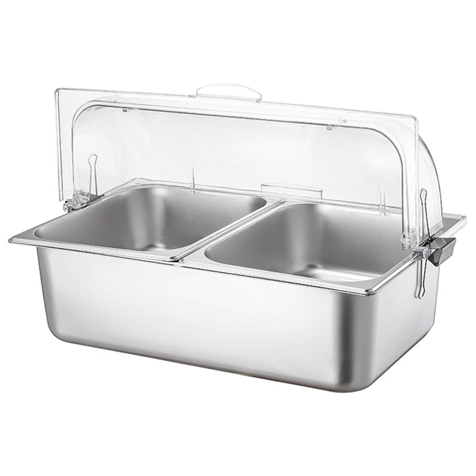 Bandeja de acero inoxidable para servir con tapa enrollable transparente, dispensador de condimentos, estante de exhibición para alimentos fríos, barra de ensalada y sartenes (15 cm, 2 rejillas)