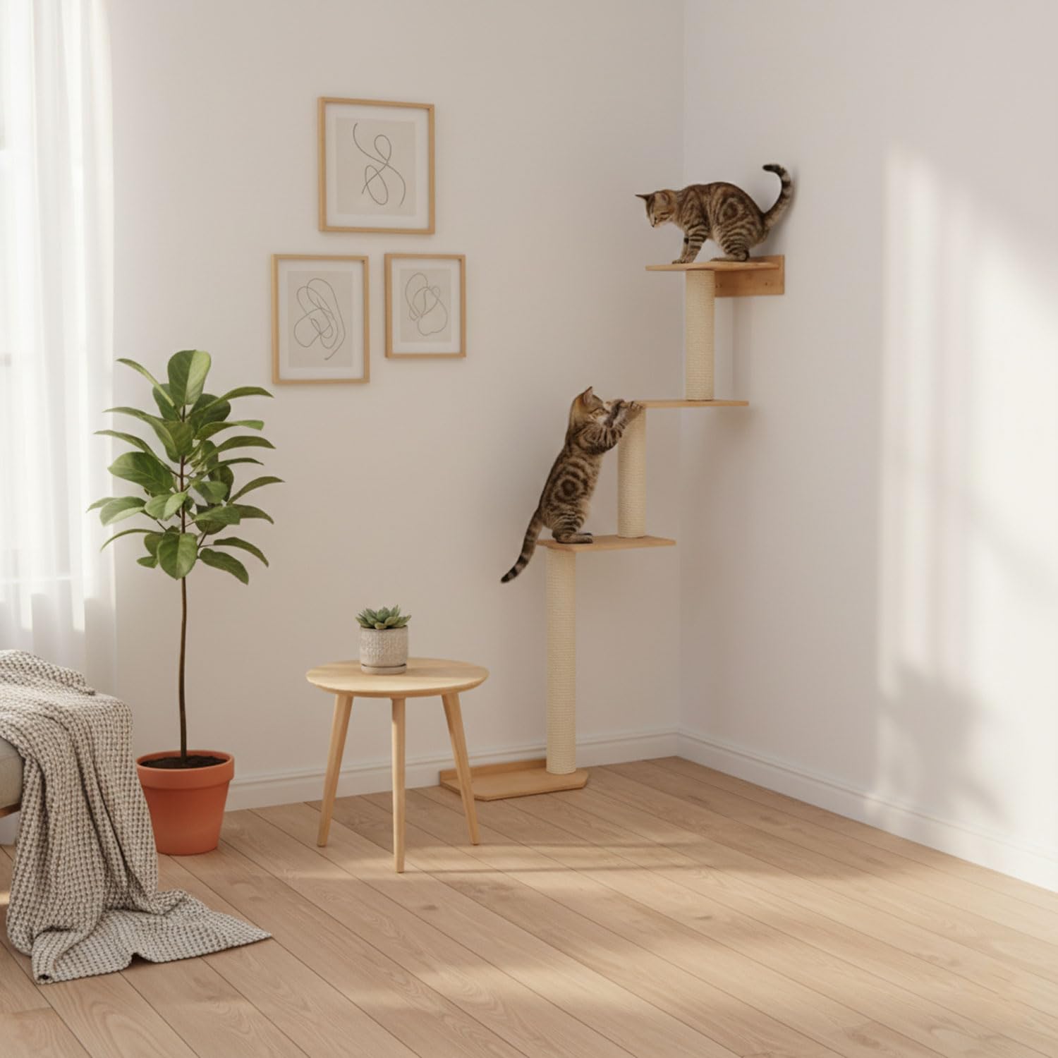 eyepower 143 cm Tiragraffi da Parete Milo con 4 Piattaforme in Bambù - Albero per Gatti Salvaspazio con Ripiano - Colonna in Sisal Naturale - Gioco da Arrampicata - Percorso da Muro Set Mensola Gatto