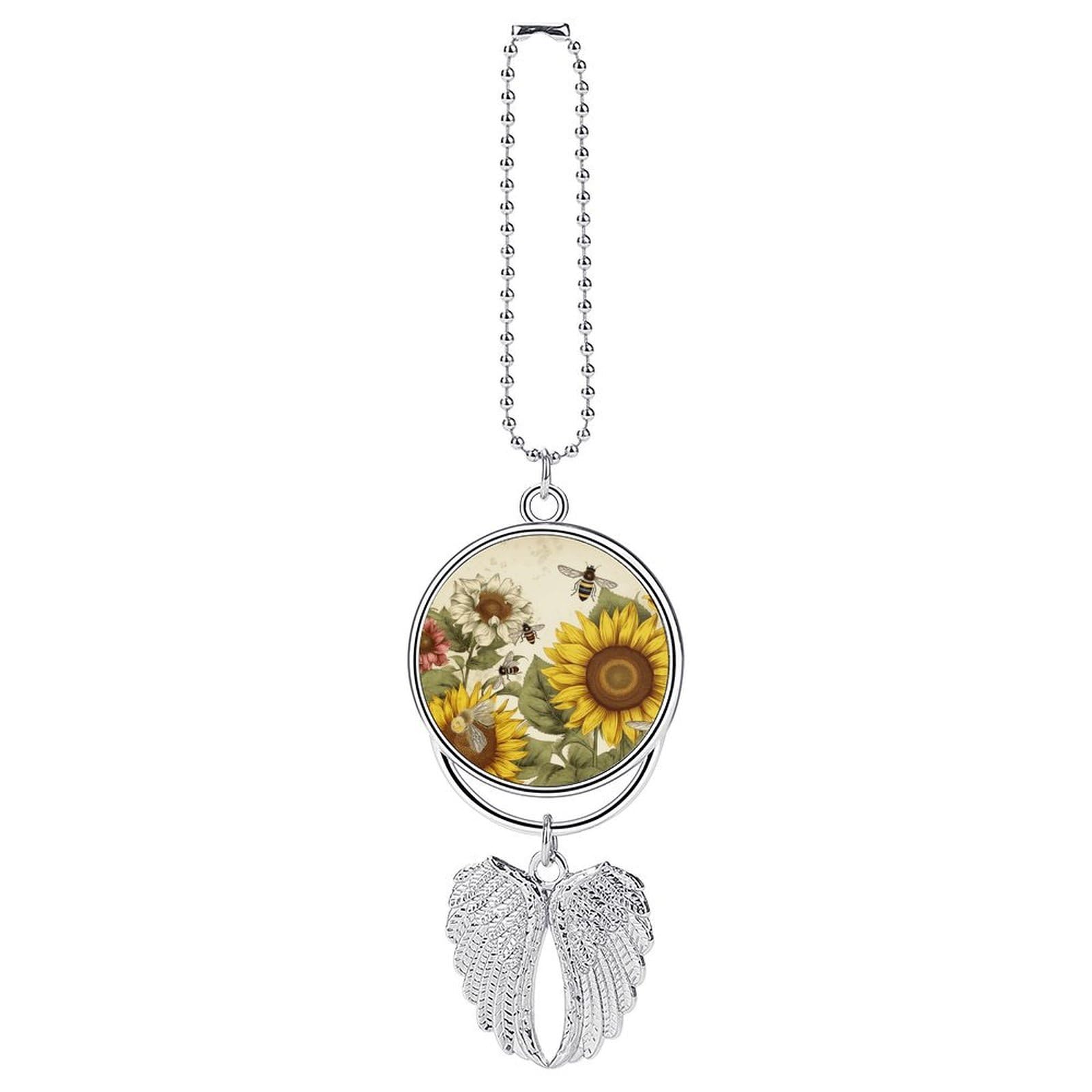 Bees Sunflowers Daisy Rose Flowers Car Charm Alloy Car Rear View Mirrors Hanging Ornaments Stylish Car Pendant Funny Auto Hanging Accessories Car Hanging Ornaments Gift for Women Men