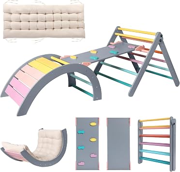Yopnoyik Pikler Triangle Set with Cushion Large, 5 in 1 Toddler Climbing Toys Indoor, Montessori Foldable Climbing Set for Kids, Wooden Playground Jungle Gym with Ramp, Arch and LadderColor-A