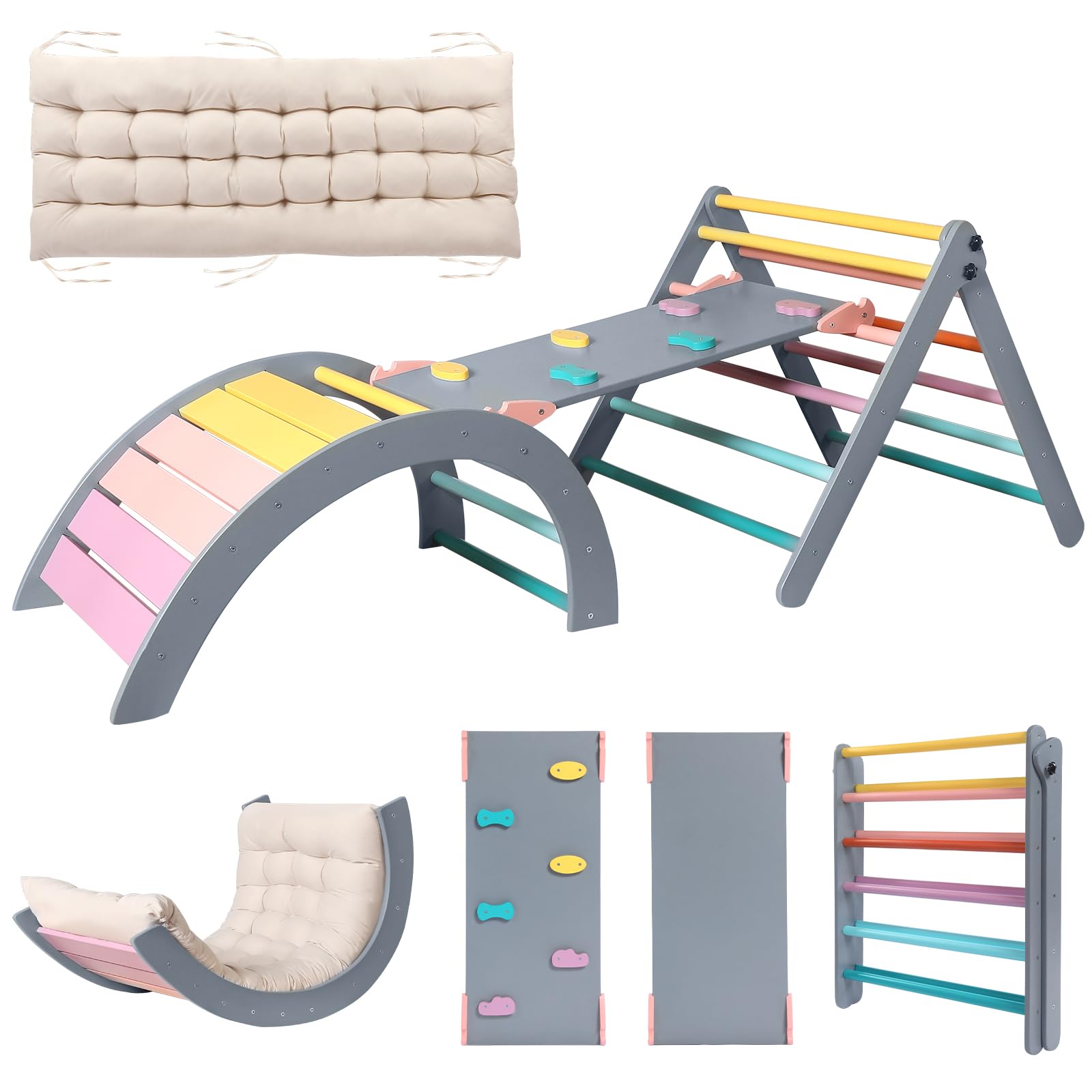 Yopnoyik Pikler Triangle Set with Large Cushion, 5 in 1 Toddler Folding Montessori Climbing Game for Kids, Wooden Jungle Playground with Ramp, Arch and Ladder