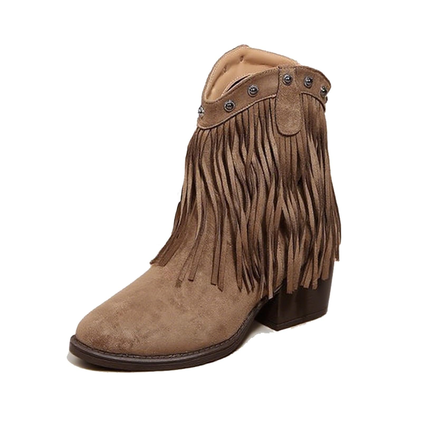 Suede Fringe Western Ankle Boots for Women Retro Fashion Studded Pointed Toe Pull-on Stack Chunky Heel Tassel Cowboy