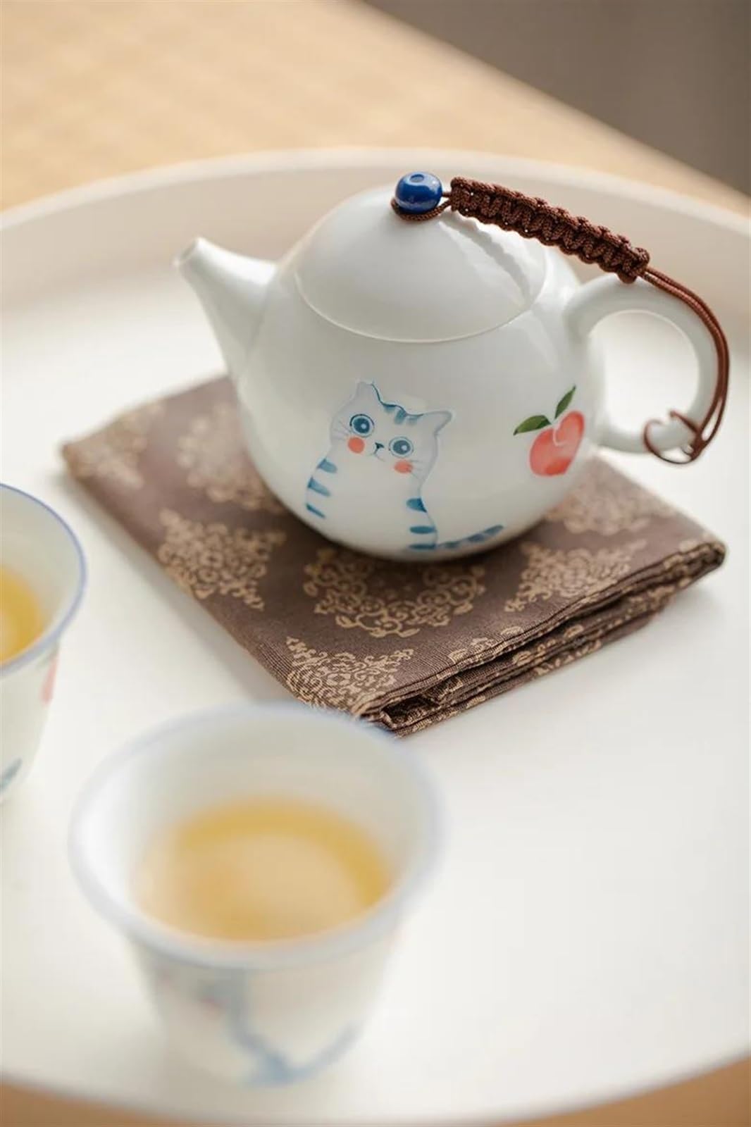 Juegos de té Tetera de Gato Pintada a Mano Tetera de cerámica China de Dibujos Animados Lindo Juego de Ceremonia del té Té Oolong con Leche Tetera Tie Guan Juego de té de viaj(E)